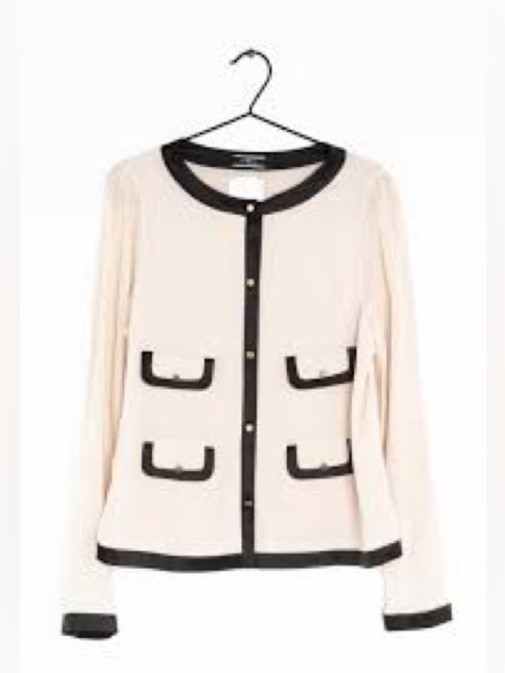 By Malene Birger cream-colored button-front top with black trim and pocket detai